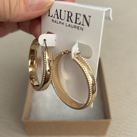 Lauren Ralph Lauren Gold-Tone Medium Textured Edge Hoop Earrings, 1.3" - Picture 4 of 11